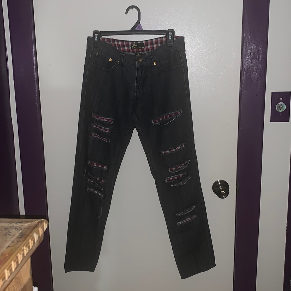 Charcoal Grey Jeans with red plaid design